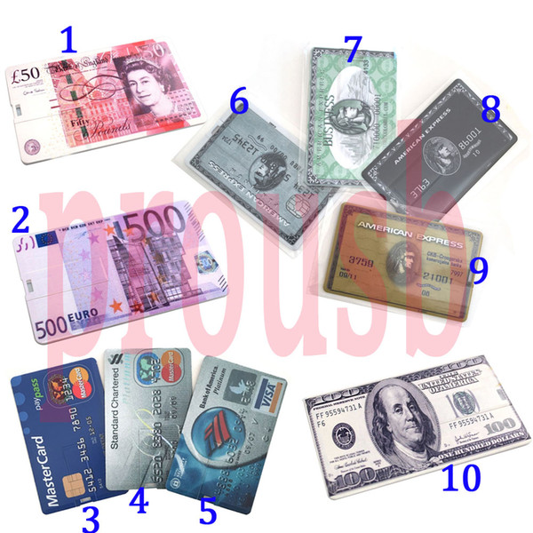 10PCS 1GB/2GB/4GB/8GB/16GB Credit Card USB Flash Drive USD/POUNDS/EUR/EXPRESS/Bank Card 10 Patterns Choices True Storage