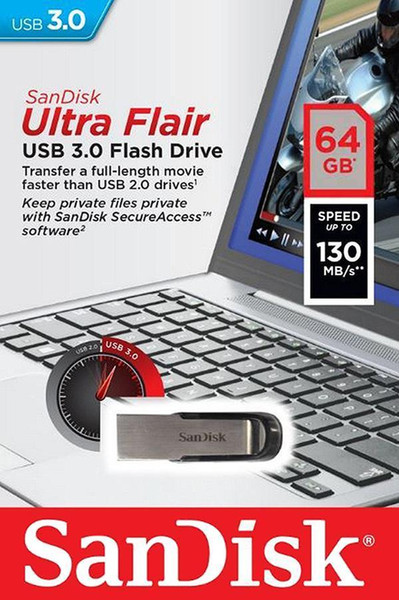 Sandisk 64GB Ultra Flair USB 3.0 Flash Drive SDCZ73-064G USB 3.0-enabled (USB 2.0 compatible)