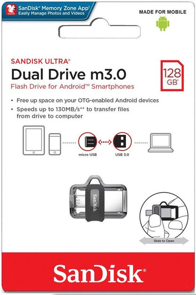 Sandisk 128GB Ultra Dual Drive m3.0 for Android Devices and Computers OTG - microUSB, USB 3.0 - SDDD3-128G