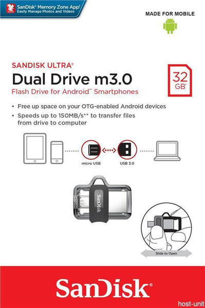 Sandisk 32GB Ultra Dual Drive m3.0 for Android Devices and Computers OTG - microUSB, USB 3.0 - SDDD3-032G