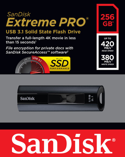 Sandisk 256GB Extreme PRO USB 3.1 Solid State Flash Drive SDCZ880-256G Backward-compatible with USB 3.0 and USB 2.0 ports