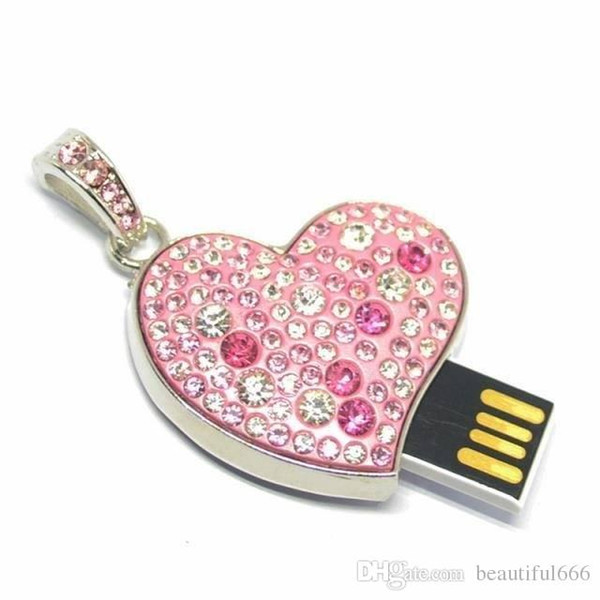 Hot Real Capacity Fashion metal crystal heart pendant necklace usb 2.0 flash drive16GB~128GB