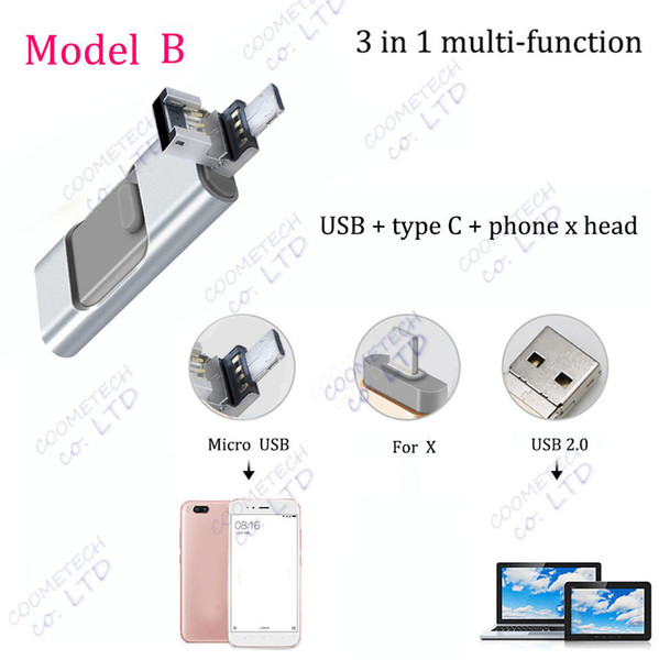 3 in 1 type C usb 2.0 phone x head shrinkable memory flash drive portable 16g 32g 64g 128g 256g u disk multi-function usb flash drives pen