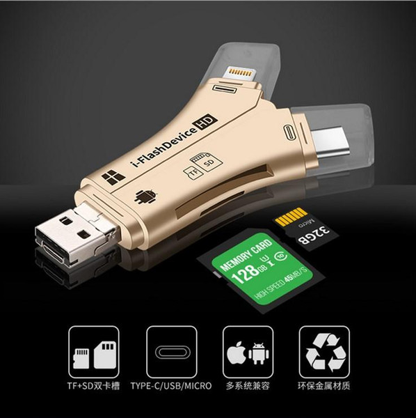 PROMOTION 4 in 1 i-FlashDevice HD USB Micro SD&TF Card Reader Adapter for IPhone 5 6 7 8 for IPad Macbook Android Camera Black White GOLD