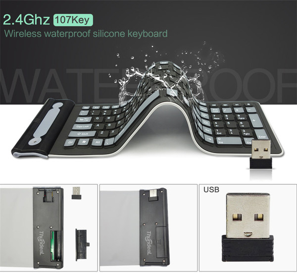 Portable 2.4G Wireless Silicone Soft Keyboard 107 key Flexible Waterproof Folding Keyboard Pocket Rubber Keyboard for PC Laptops