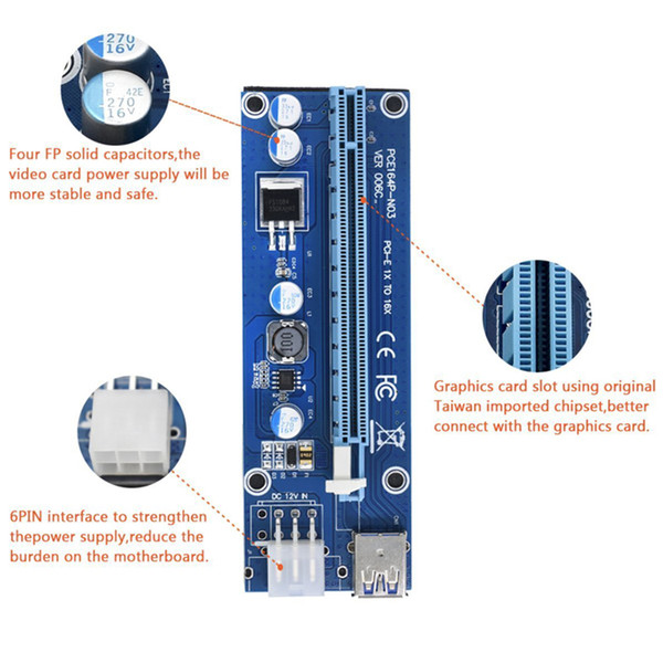 PCI-E Express Extender Riser Card Adapter 1X to 16X w/6 Pin Power Cable USB 3.0 Ports Cables Ver006 60cm