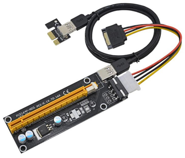 Wholesale 100CM PCI Express 1x to 16x Riser Card Adapter PCI-E Extender +15Pin Sata to 4Pin IDE Molex Power Supply / USB 3.0 Cable