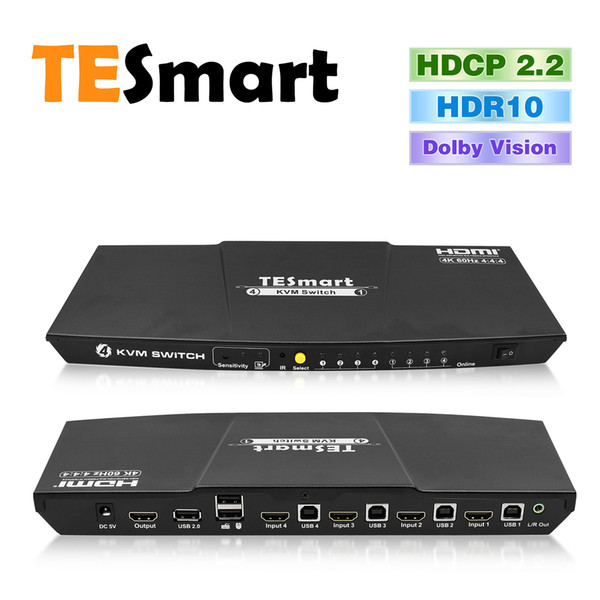 TESmart 4x1 HDMI KVM Switch 4K@60Hz with 2 Pcs 1.5m KVM Cables Supports USB 2.0 Devices Control up to 4 Computers/Servers/DVR