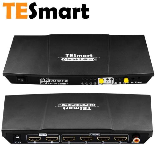 TESmart 2 In 4 Out HDMI 4Kx2K Switch Splitter 2x4 HDMI Selector with Extracted S/PDIF Audio Output 10Gbps Data Rate, Gray