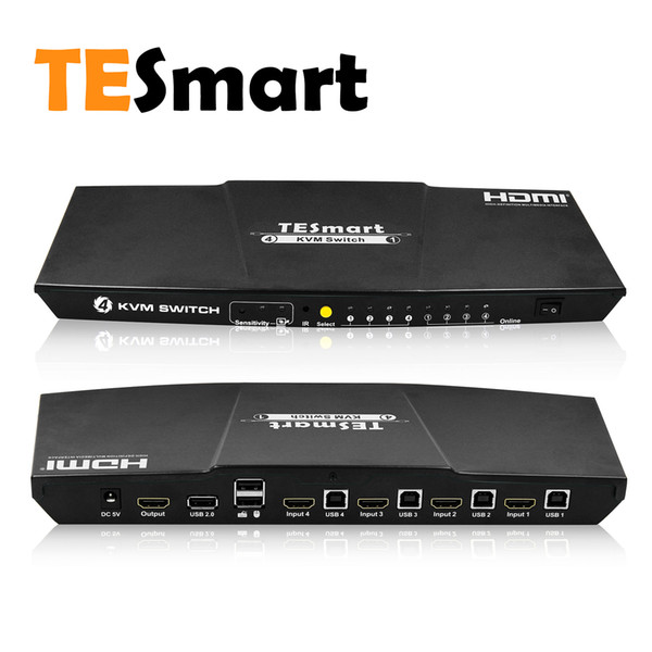 TESmart 4K KVM Switch HDMI 4X1 3840x2160@30Hz with 2 Pcs 5ft KVM Cables Supports USB 2.0 Device Control up to 4 Computers/Servers/DVR