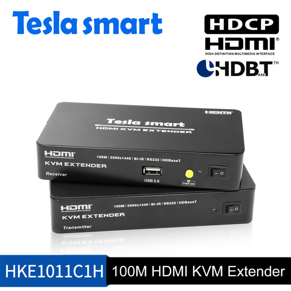 Tesla smart Multi-function HDMI KVM Extender 328ft/100M HDBaseT HDMI KVM+Audio Extender by CAT5e/6 (1 TX+1 RX)