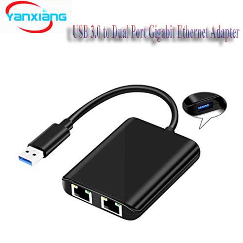 2PCS USB 3.0 to Dual Port Gigabit Ethernet Adapter Professional Double 10/100/1000 Mbps Lan Network Adapter with 1 Extra USB Port YANX-USB