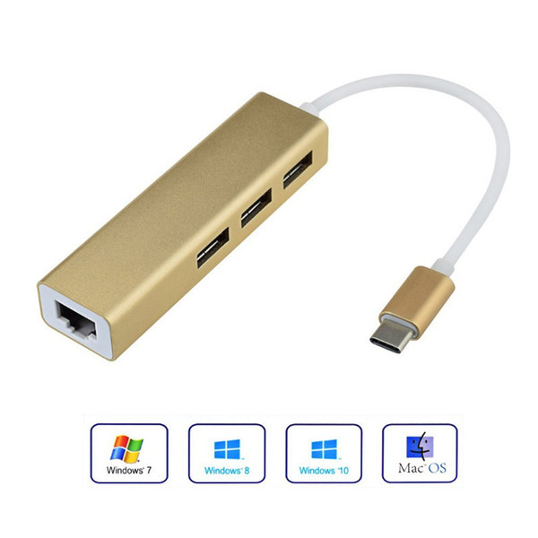 USB-C USB 3.1 Type C Hub with RJ45 LAN Port Type-C to 3 Ports USB 3.0 Hub with 10/100/1000 Gigabit Ethernet Adapter for New MacBook