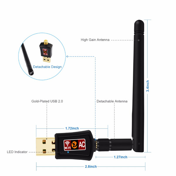 etworking Network Cards Zoweetek Wireless Mini Wifi Adapter 600Mbps 802.11ac Dual Band 2.4G/5G USB Network Ethernet Receiver 2dBi Antenna...