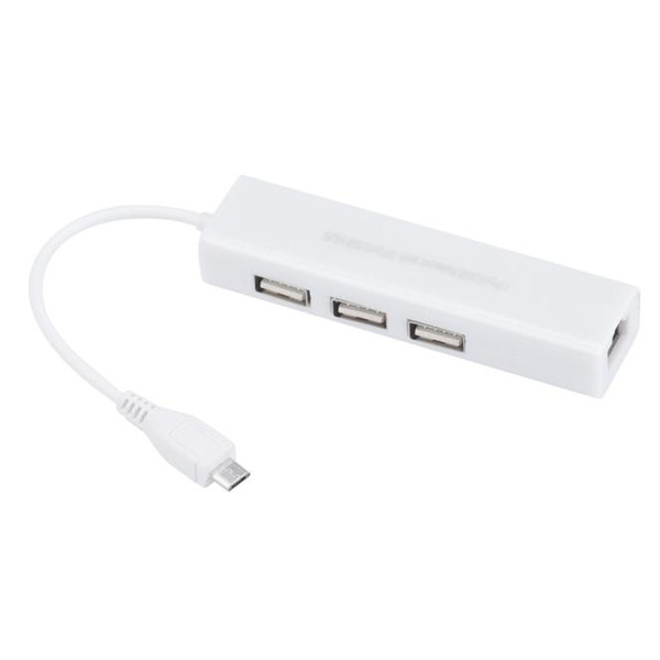 New Micro USB to Network LAN Ethernet RJ45 Adapter with 3 Port USB 2.0 HUB Adapter White Color