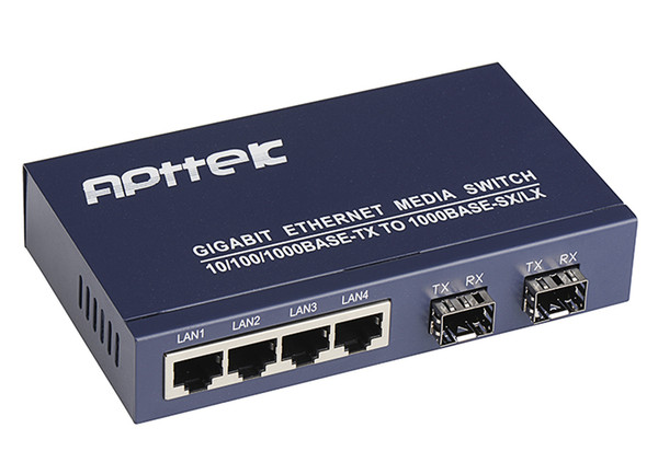 APTTEK Gigabit Ethernet Media Switch 10/100/1000Base-T to SFP Port(not including SFP module) with 4 Ports LAN (APT-2004G2G-SFP)