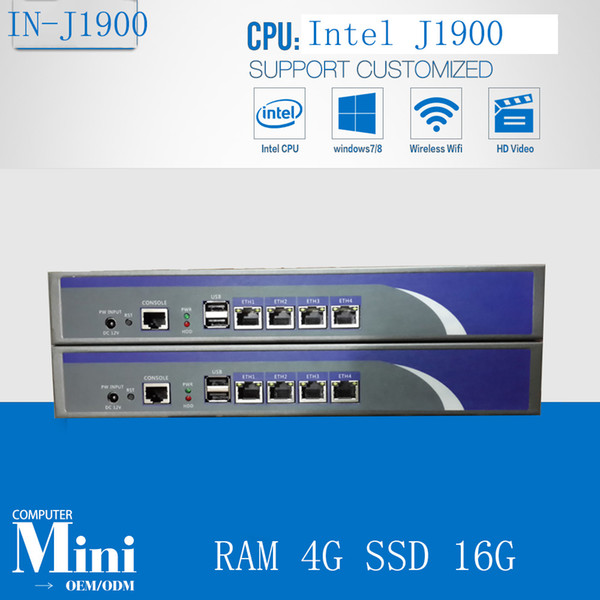 Cheap Quad core J1900 2.0GHZ 4*intel 1000M 82583v Lan Network server Firewall router with RAM 4G SSD 16G