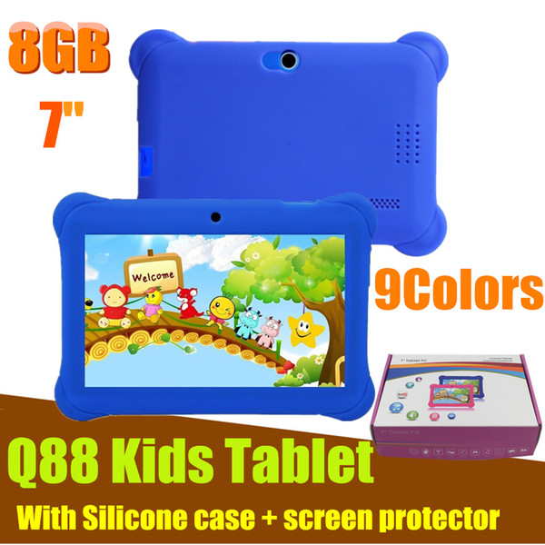 Q88 Tablet 7 inch Android 4.4 Quad Core A33 8GB+512 MB Bluetooth 4.0 Dual Camera KidsTablets PC with Silicone Case For Kids Gift