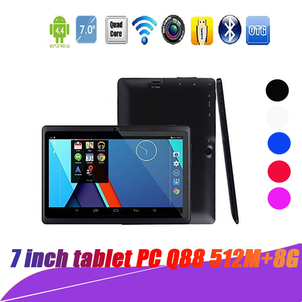 Top sell tablets wifi 7 inch 512MB RAM 8GB ROM Allwinner A33 Quad Core Android 4.4 Capacitive Tablet PC Dual Camera Q88 A-7PB with package