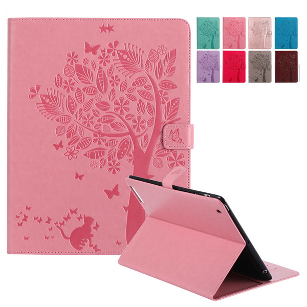 Emboss Cat Under Tree Premium PU Leather Flip Wallet Stand Case Card Holders Cover for iPad 2 3 4 Coque Capa