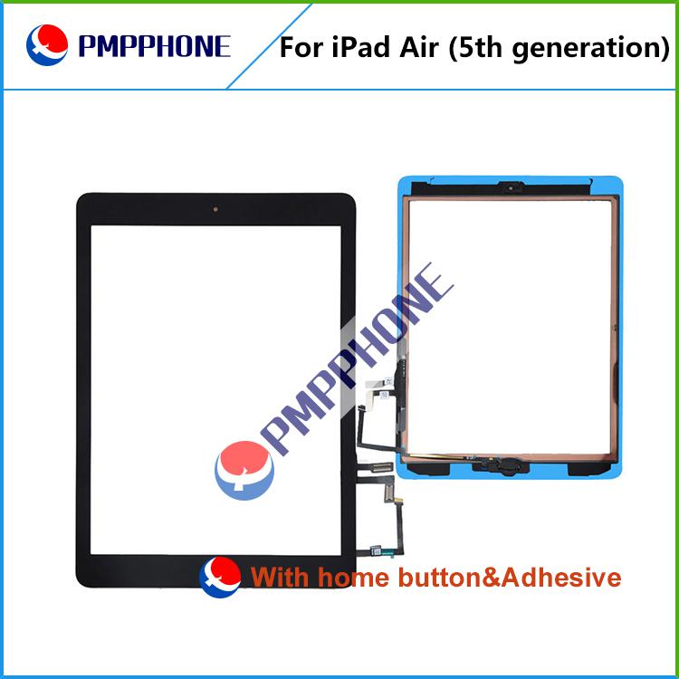 For iPad air Touch Screen Glass Digitizer Assembly with Home Button & Adhesive Glue Sticker Replacement Repair Parts Black White Free Ship