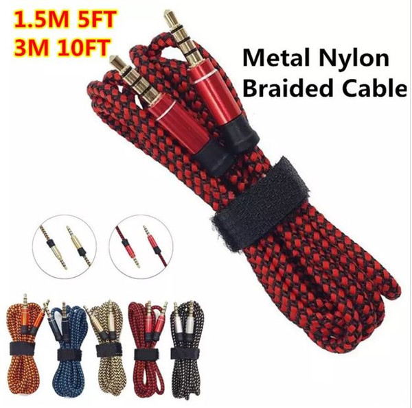 3M 10FT 3.5MM Braid Aux Cable Unbroken Metal connector Car audio extension Cable Male to Male Universal For Mobile phones , Tablet PC, ipod