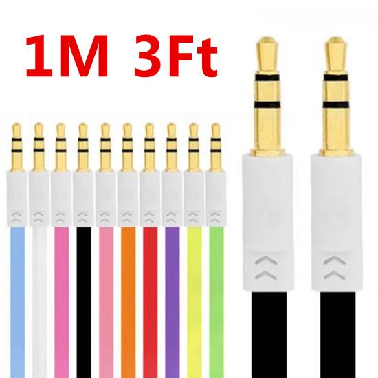 1m Flat Noodle Aux Cable 3.5mm Audio Auxiliary Cables Jack Male to Male Car audio Stereo Cord Wire for Phone Iphone