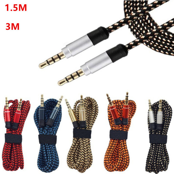 3.5mm Auxiliary AUX Extension Audio Cable Unbroken Metal Fabric braided Male Stereo cord 1.5M 3M for iphone Samsung MP3 Speaker Tablet PC