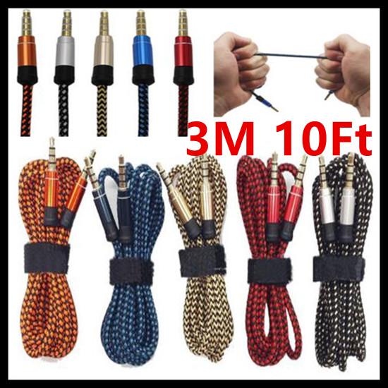 3M 10Ft 1.5M 5FT Braided Fabric 3.5mm Male To Male Stereo Audio AUX Auxiliary Cable for iPod MP3 Speaker for iphone