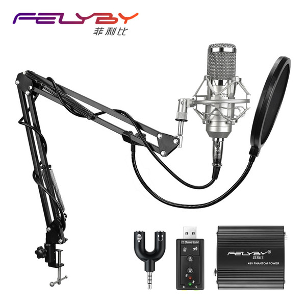 FELYBY BM 800 Condenser microphone for computer voice chat Professional recording studio 48V Phantom power USB sound card Filter