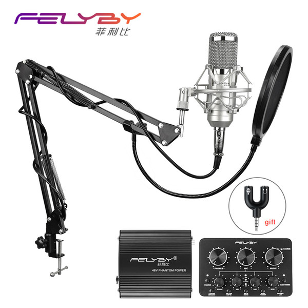 FELYBY bm 800 Professional condenser microphone for computer audio studio vocal Rrecording karaoke Mic Phantom power Sound card