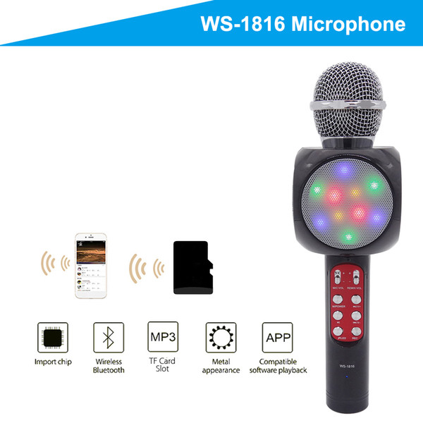 Free shipping Handheld microphone with Flash LED Lights Family KTV wireless bluetooth microphone portable karaoke speaker for cellphone PC