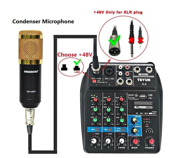 Portable Mini 4 Channels Digital Audio Interface Mixer TU04 Console with USB Bluetooth for Home Studio PC Computer Condenser Microphone