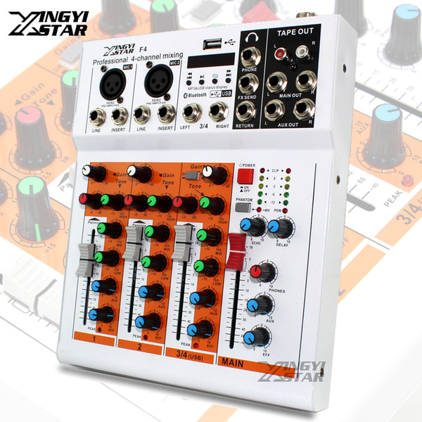 Professional 4 Channel EQ Sound Mixing Console DJ Digital Mixer Audio Bluetooth USB Music Line Input 48V Phantom Power Amplifier