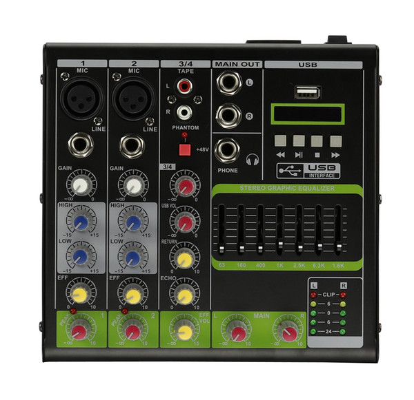 Hot sale 4 Channels 48V Phantom Echo Effect USB Audio Mixer V4