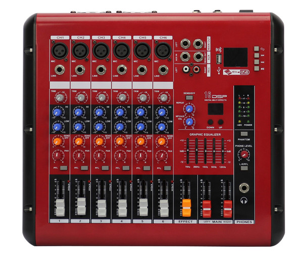 Hot-Sale 6Channels 5band EQ output 2x150W 4ohm bluetooth USB Powered Mixer PMR606D