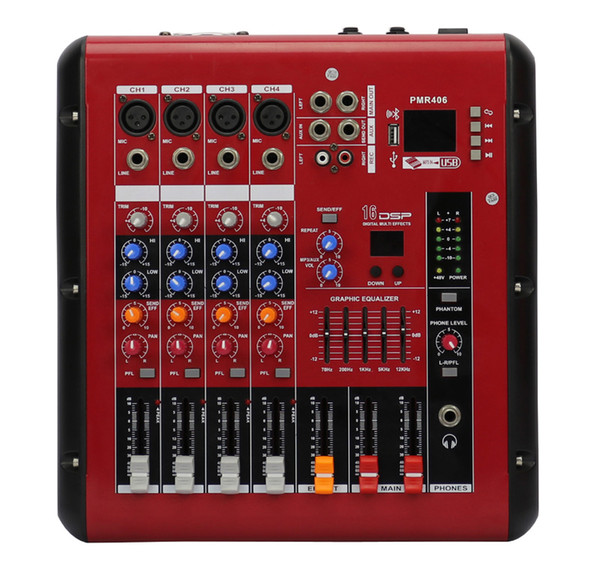 Hot-Sale 4Channels 5band EQ output 2x150W 4ohm bluetooth USB Powered Mixer PMR406D