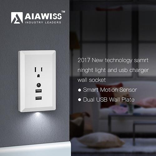 AIAWISS LED Night Light with Automatic Dusk to Dawn Sensor and 5V 2.4A Dual USB Wall Outlets Charger,Wall Socket Adapter Plug White Black