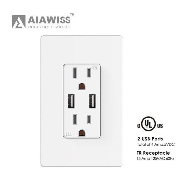 AIAWISS Smart Ultra High Speed 4A USB Charger Outlet 15 AmpTR Receptacle | Screwless Wall Plates, White