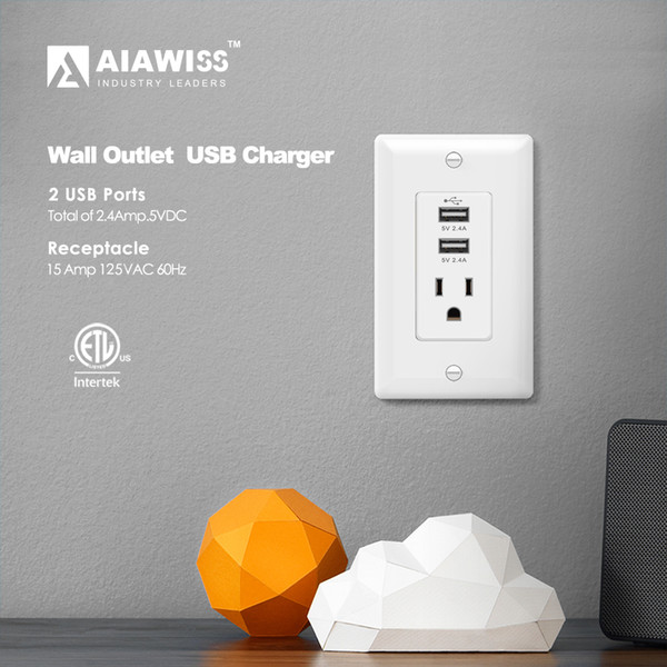 AIAWISS AWUS003 Dual USB Charger Outlet 2.4A-12W Ultra-High-Speed/1 Receptacles 15A,USB Wall Socket,White