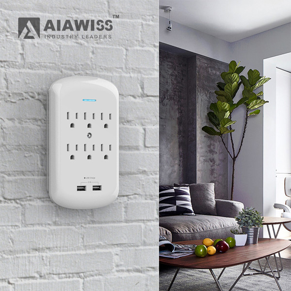 AIAWISS Multi Socket USB Outlet Plugs, 6 Outlet Surge Protector Wall Mount Adapter with 2 USB (3.1A) Charging Ports,White, ETL Certified