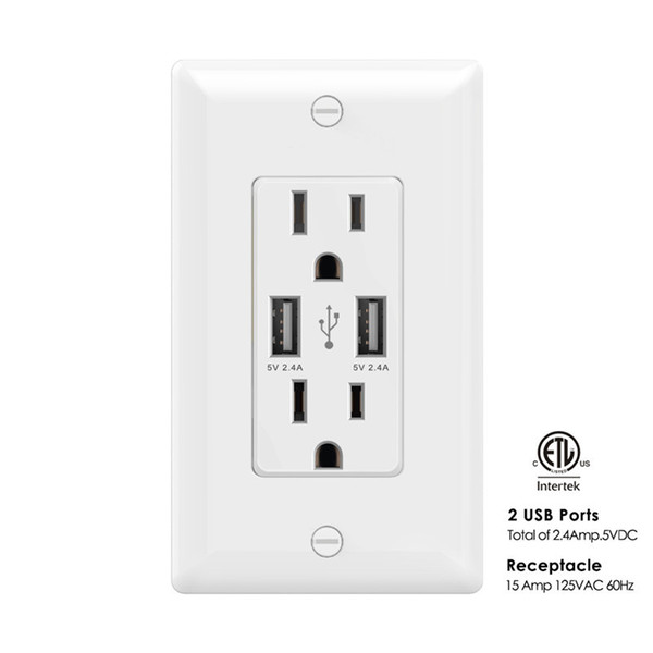 AIAWISS AWUS004 Smart Dual USB Charger Outlet 2.4A-12W Ultra-High-Speed,2 Receptacles 15A/125V USB Wall Scoket,White Black