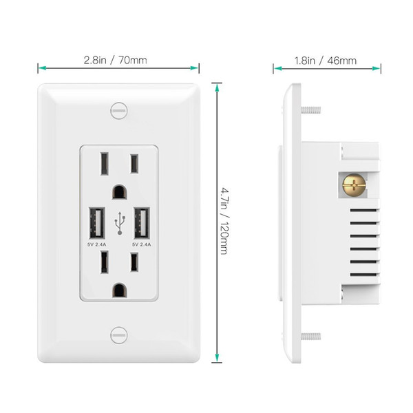 Smart Dual USB Charger Outlet 2.4A-12W Ultra-High-Speed,2 Receptacles 15A/125V USB Wall Scoket hot