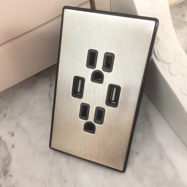 304 Stainless Steel Wire drawing Black 15A/125V wall receptacle with USB charging function USB wall socket 2.1A-10.5W Ultra-High-Speed