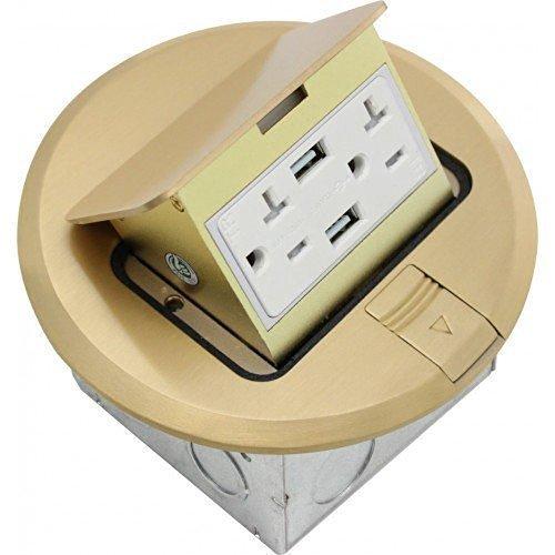 Orbit Industries FLBPU-DU-R-C-BR Round Pop-up Floor Box Cover Only with Duplex Receptacle and Dual USB Ports, Tamper Resistant, Brass