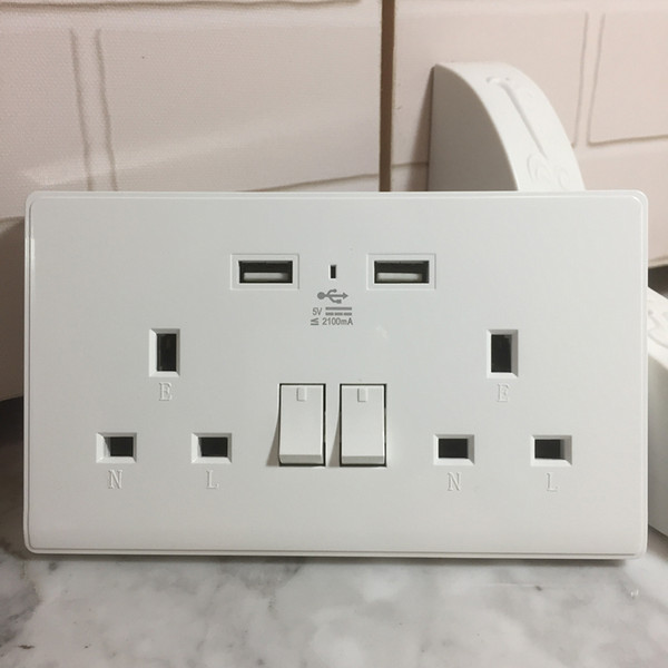 New Mirror Face White 13A/250V~ Double Wall Sockets with Switches and Light for British and British Colonies with 2 USB charging 2.1A-10.5W