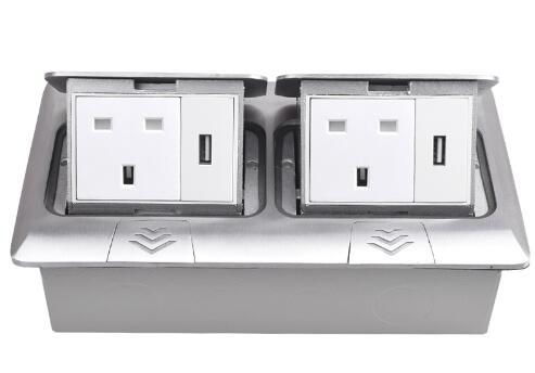 All Aluminum Panel Pop Up Floor Socket 13A UK Standard Power Double Outlet With 2 USB Charging Port