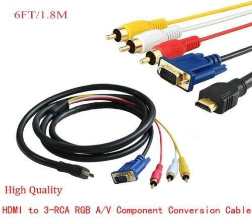 New 6 Feet 1.8M Gold HDMI to VGA 3 RCA Converter Adapter Cable 1080p For Analog Component HDTV