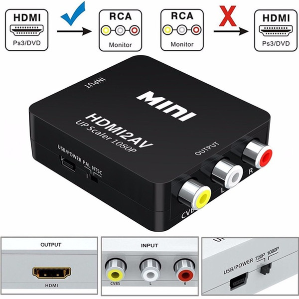 Mini HDMI to AV/RCA Converter Composite HDMI to RCA AV Video Converter Adapter Full HD UP Scaler 1080P HDMI2AV for HDTV Standard TV/Monitor