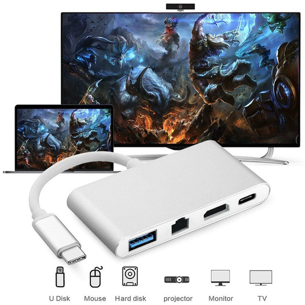 High Quality 4 in 1 USB-C Type-C to HDMI 4K+ RJ45 Gigabit Ethernet Network Card + Type-C PD OTG Hub Adapter Cable for MacBook